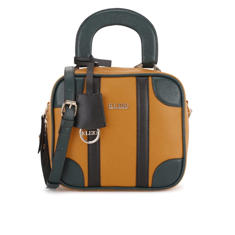KLEIO Structured Box Shaped Multi Color Top Handle HandBag for Women Girls - Mustard - Image 1